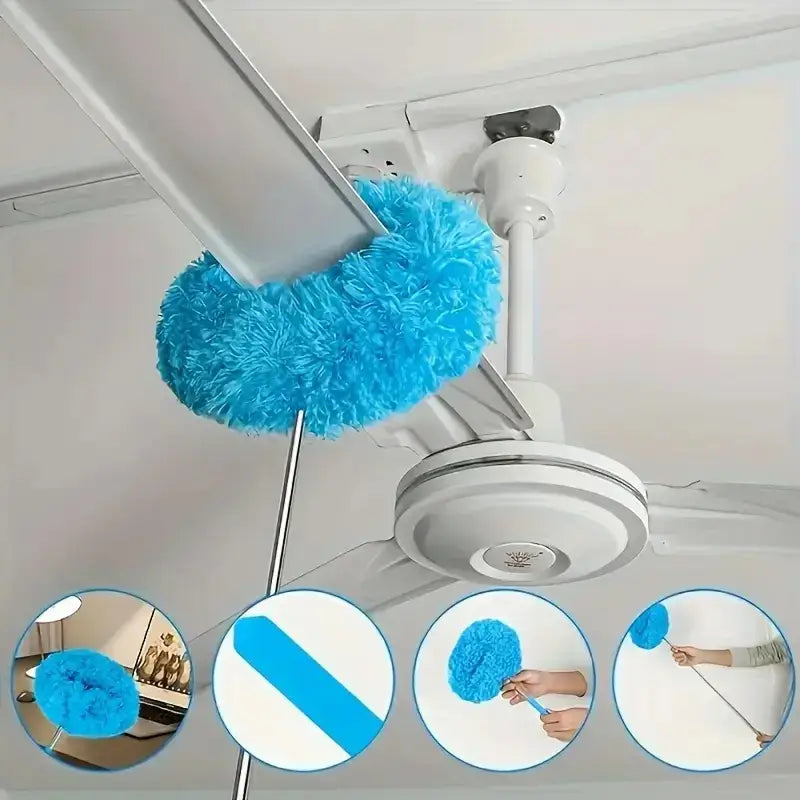 Paño de limpieza extensible con mango largo para ventiladores de techo, retiene polvo, reutilizable, lavable a máquina, garantiza alcance seguro y limpieza eficiente