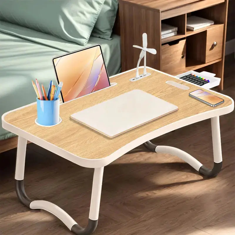 Mesa portátil y plegable para laptop, con 4 puertos USB, cajón de almacenamiento y soporte para vasos, ideal para sofá o cama, confort productivo diario