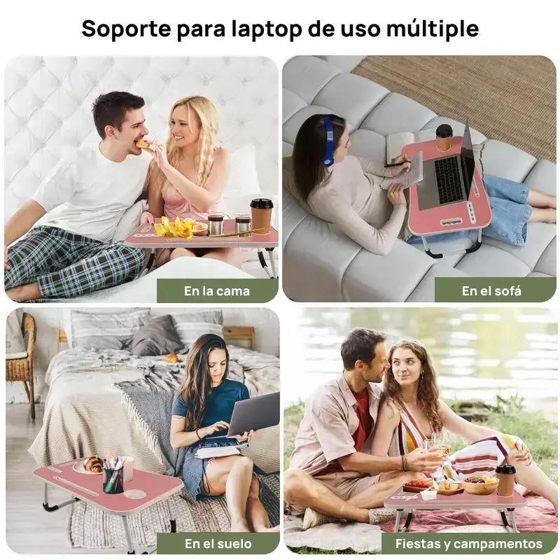 Mesa portátil y plegable para laptop, con 4 puertos USB, cajón de almacenamiento y soporte para vasos, ideal para sofá o cama, confort productivo diario