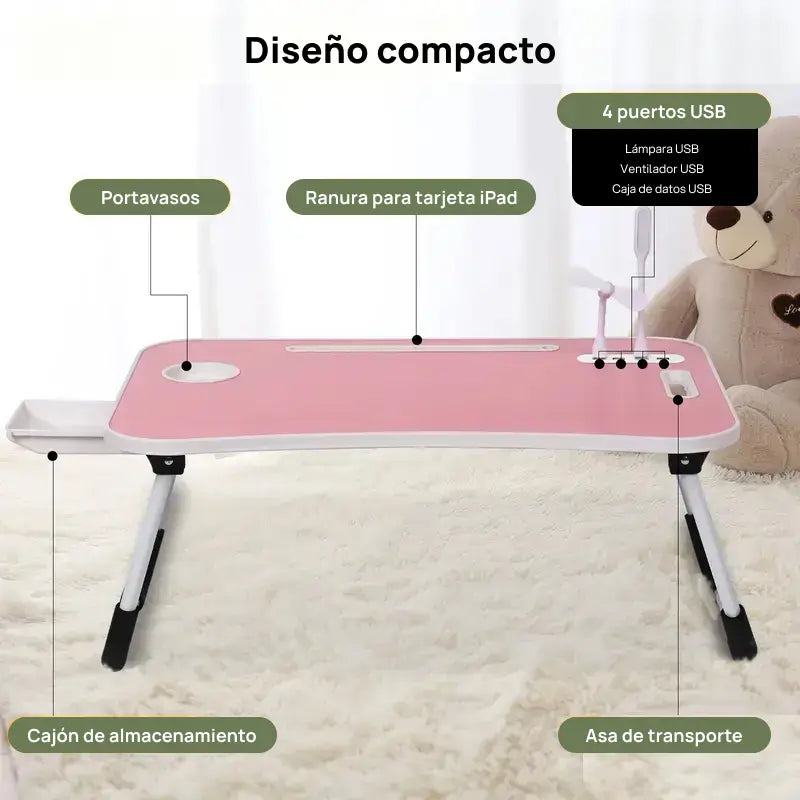 Mesa portátil y plegable para laptop, con 4 puertos USB, cajón de almacenamiento y soporte para vasos, ideal para sofá o cama, confort productivo diario
