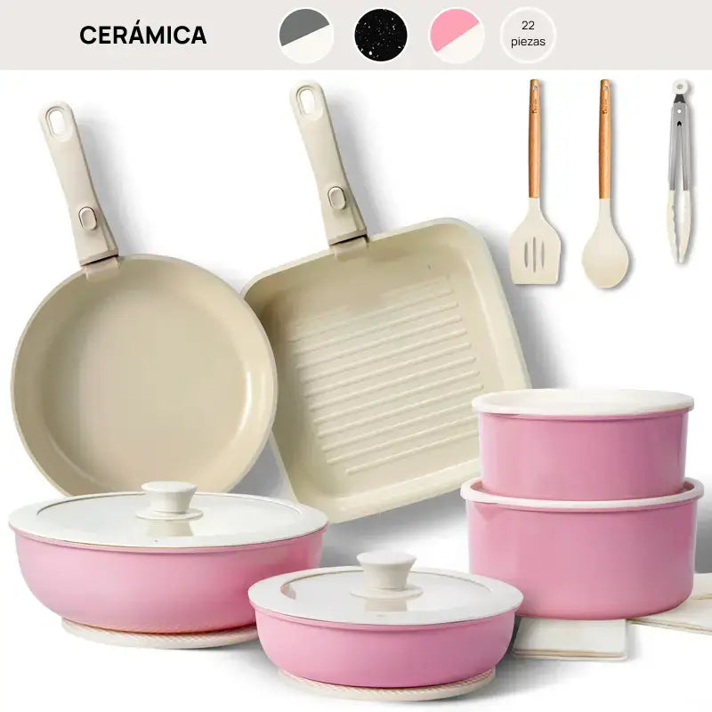 Juego completo de 22 piezas de ollas de cerámica antiadherente, compatibles con inducción, con asas desmontables, cocina saludable y fácil limpieza garantizada