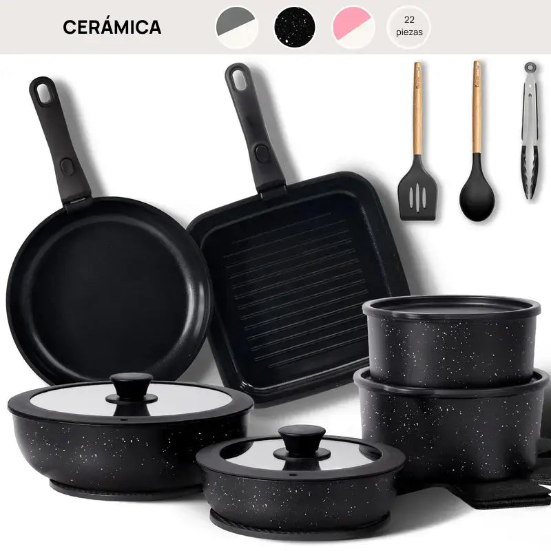 Juego completo de 22 piezas de ollas de cerámica antiadherente, compatibles con inducción, con asas desmontables, cocina saludable y fácil limpieza garantizada