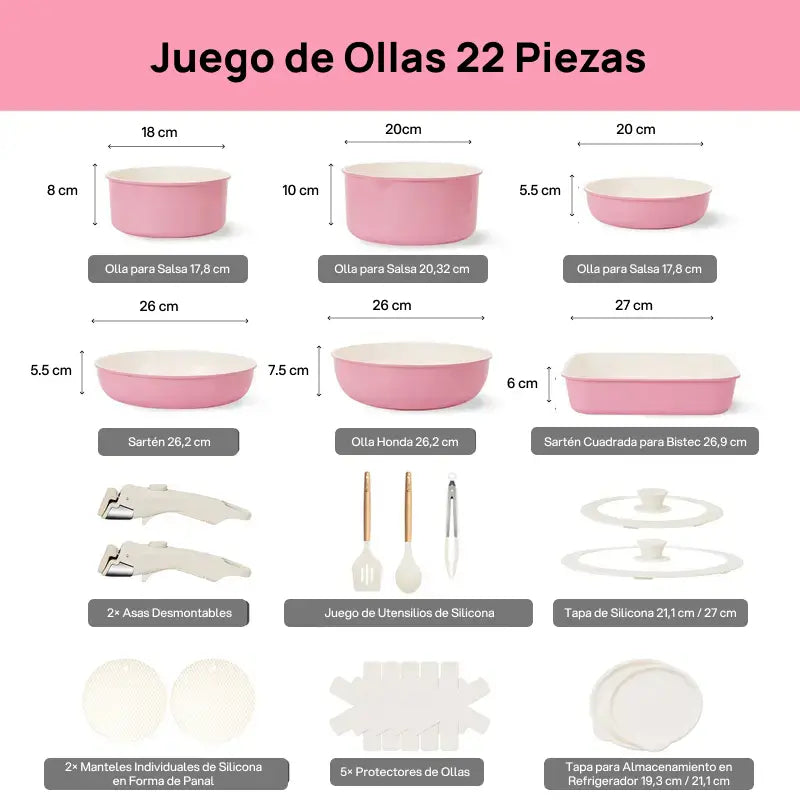 Juego completo de 22 piezas de ollas de cerámica antiadherente, compatibles con inducción, con asas desmontables, cocina saludable y fácil limpieza garantizada