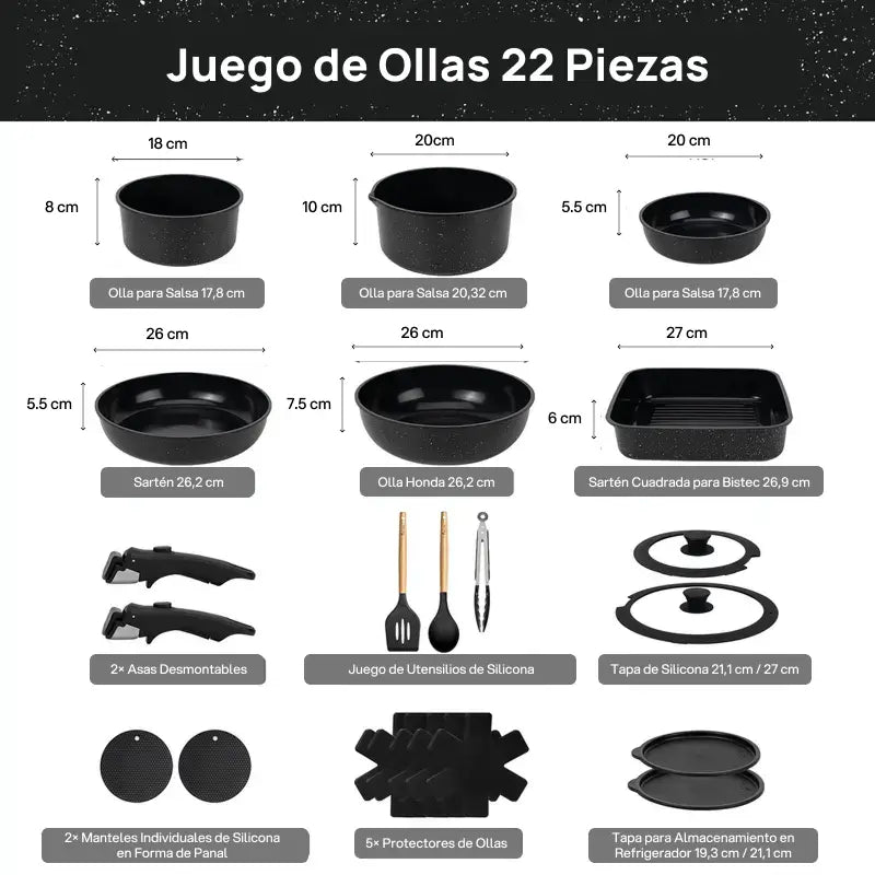 Juego completo de 22 piezas de ollas de cerámica antiadherente, compatibles con inducción, con asas desmontables, cocina saludable y fácil limpieza garantizada