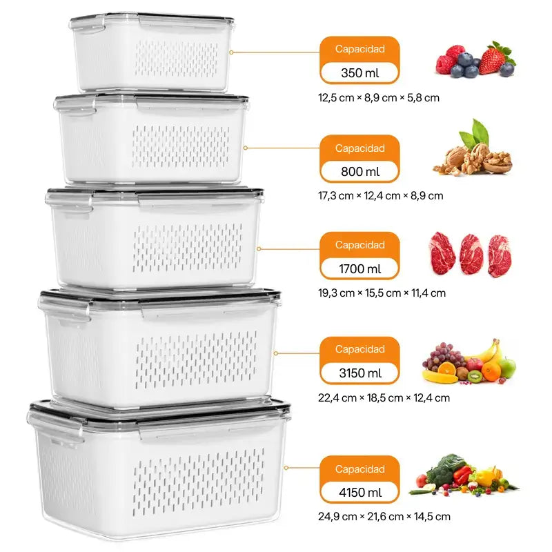Kit con 5 organizadores apilables para refrigerador, con colador removible para frutas, verduras y carnes frescas, mantiene frescura prolongada y orden eficiente