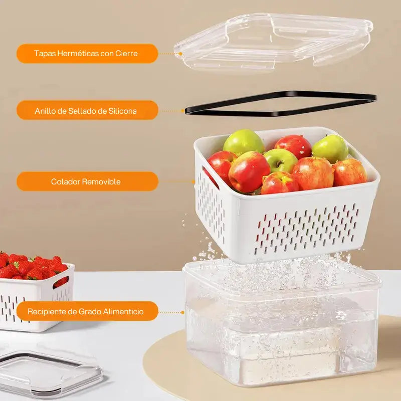 Kit con 5 organizadores apilables para refrigerador, con colador removible para frutas, verduras y carnes frescas, mantiene frescura prolongada y orden eficiente