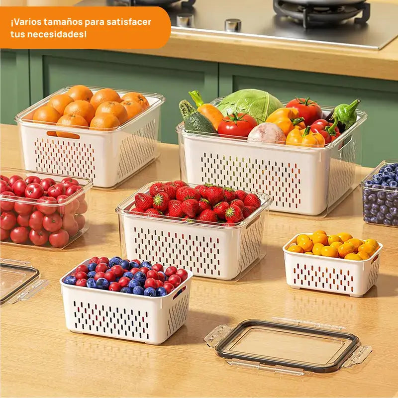 Kit con 5 organizadores apilables para refrigerador, con colador removible para frutas, verduras y carnes frescas, mantiene frescura prolongada y orden eficiente