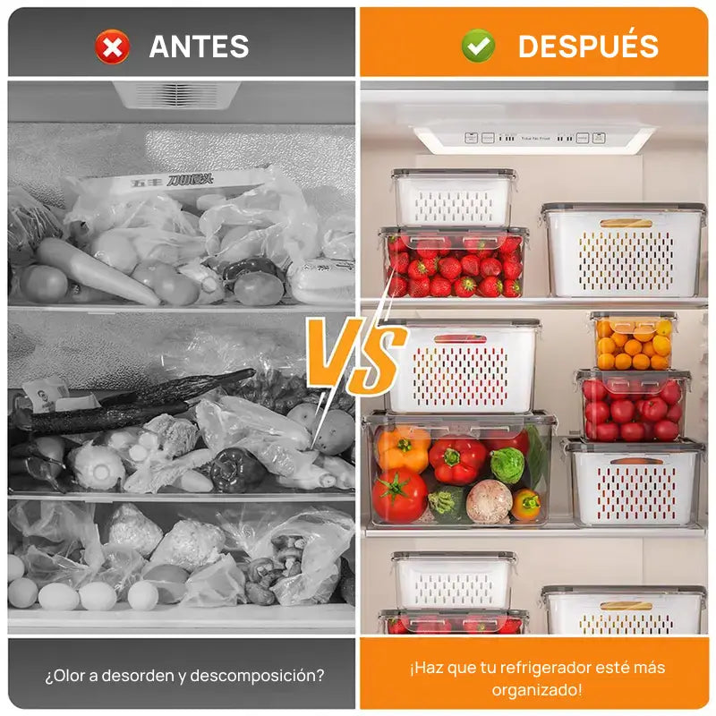 Kit con 5 organizadores apilables para refrigerador, con colador removible para frutas, verduras y carnes frescas, mantiene frescura prolongada y orden eficiente