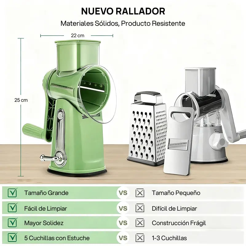 Rallador de queso rotativo con 5 cuchillas diferentes, base con fuerte succión, mango cómodo, permite cortar verduras y quesos fácilmente, versatilidad total garantizada