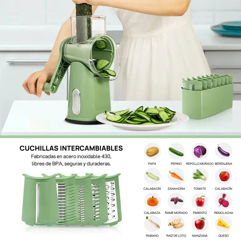 Rallador de queso rotativo con 5 cuchillas diferentes, base con fuerte succión, mango cómodo, permite cortar verduras y quesos fácilmente, versatilidad total garantizada