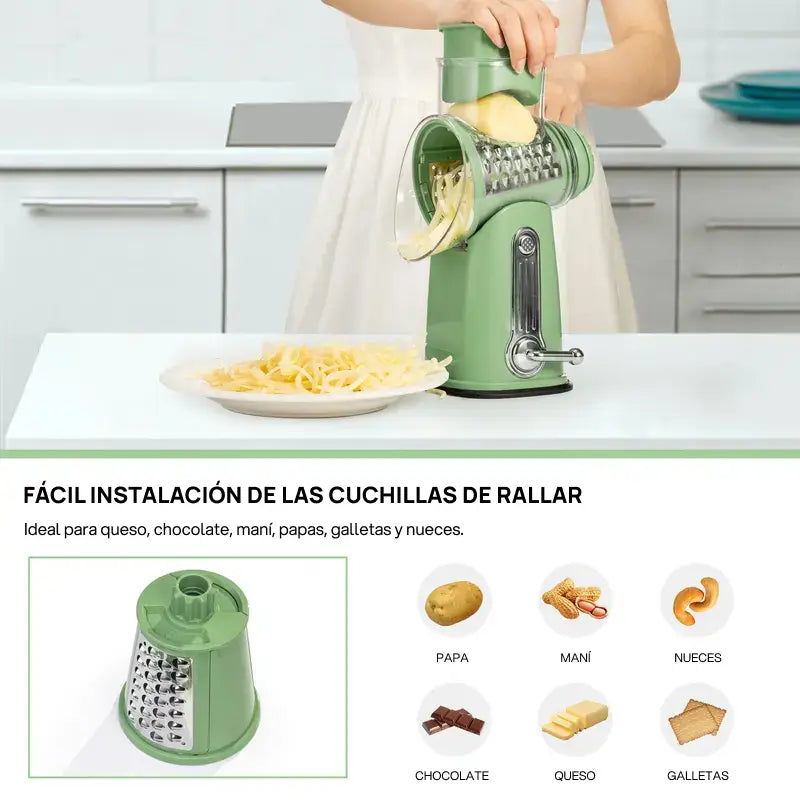 Rallador de queso rotativo con 5 cuchillas diferentes, base con fuerte succión, mango cómodo, permite cortar verduras y quesos fácilmente, versatilidad total garantizada