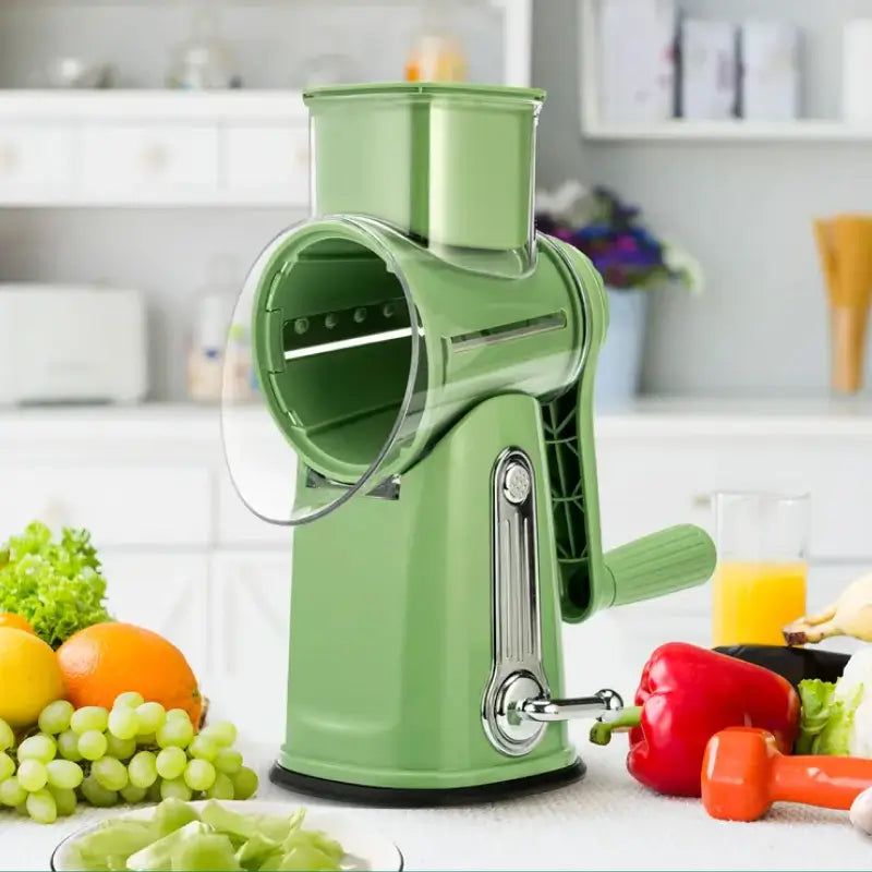 Rallador de queso rotativo con 5 cuchillas diferentes, base con fuerte succión, mango cómodo, permite cortar verduras y quesos fácilmente, versatilidad total garantizada