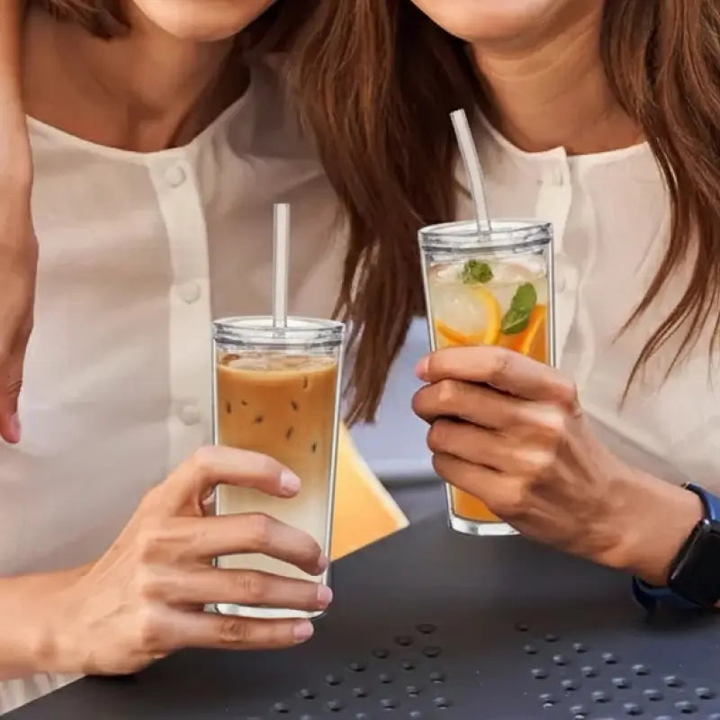 Juego de 4 vasos cuadrados de vidrio de 385 ml, con tapa de plástico y popote de vidrio reutilizable, elegancia moderna y práctico para bebidas