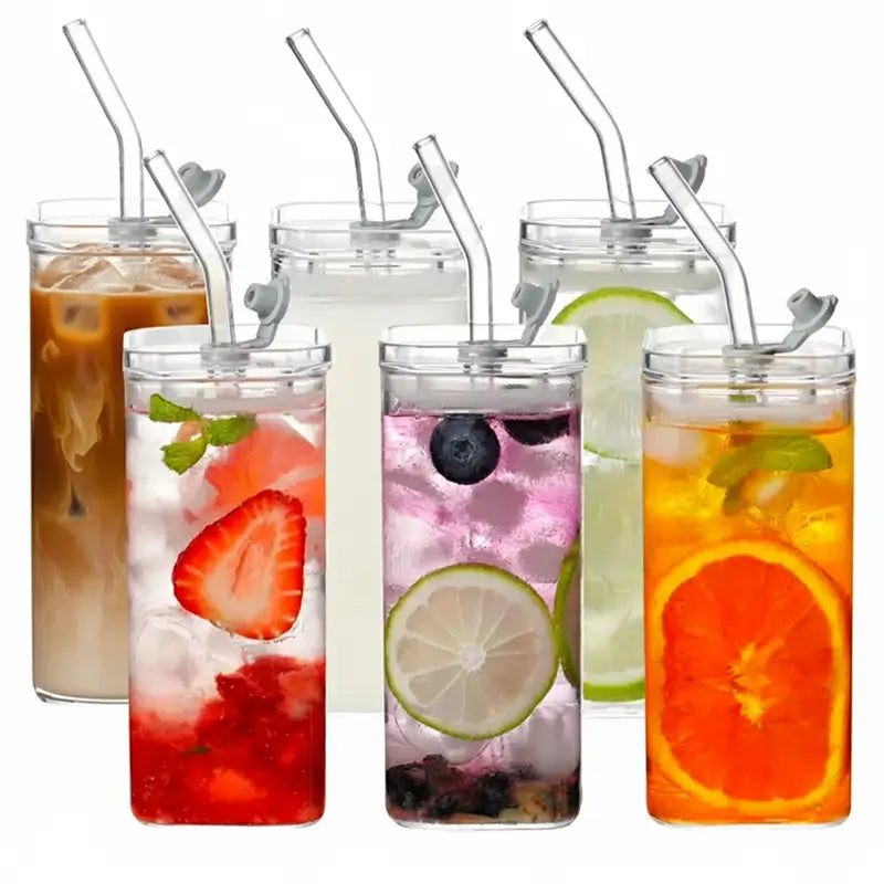 Juego de 4 vasos cuadrados de vidrio de 385 ml, con tapa de plástico y popote de vidrio reutilizable, elegancia moderna y práctico para bebidas