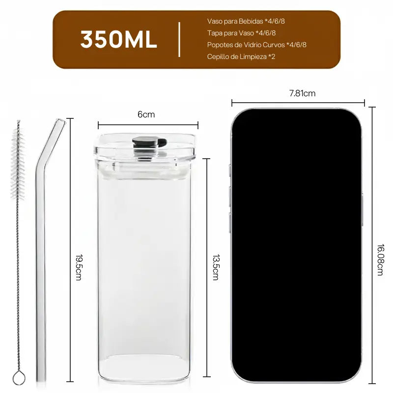 Juego de 4 vasos cuadrados de vidrio de 385 ml, con tapa de plástico y popote de vidrio reutilizable, elegancia moderna y práctico para bebidas