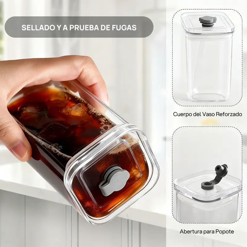 Juego de 4 vasos cuadrados de vidrio de 385 ml, con tapa de plástico y popote de vidrio reutilizable, elegancia moderna y práctico para bebidas