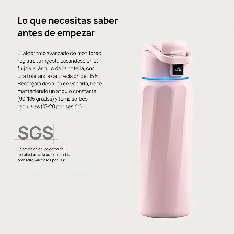 Botella de agua inteligente de acero inoxidable con app, rastrea consumo, envía recordatorios de hidratación, ideal para viajes y control de líquidos diario