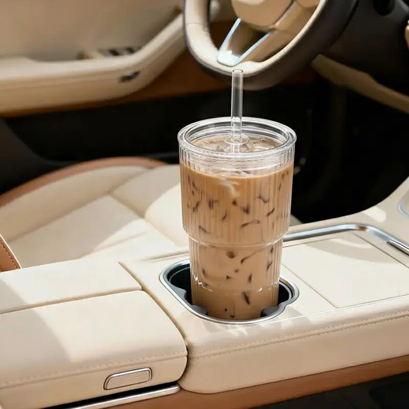 Juego de 2 o 4 vasos de vidrio texturizado con tapa y popote, reutilizables, durables, a prueba de fugas, estilo sostenible y práctico para bebidas