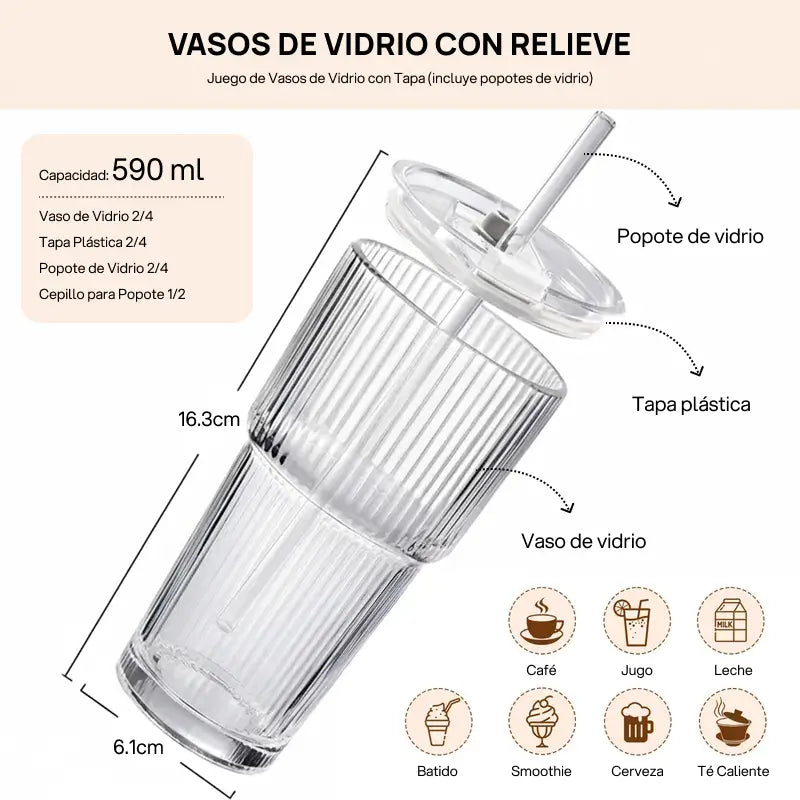 Juego de 2 o 4 vasos de vidrio texturizado con tapa y popote, reutilizables, durables, a prueba de fugas, estilo sostenible y práctico para bebidas
