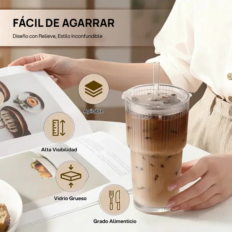 Juego de 2 o 4 vasos de vidrio texturizado con tapa y popote, reutilizables, durables, a prueba de fugas, estilo sostenible y práctico para bebidas