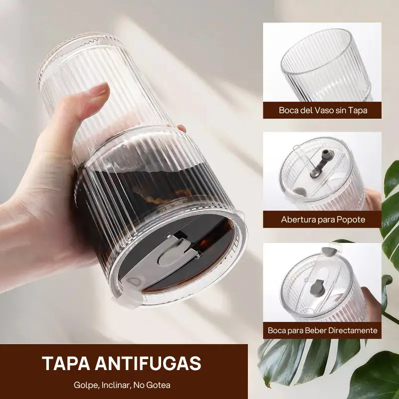 Juego de 2 o 4 vasos de vidrio texturizado con tapa y popote, reutilizables, durables, a prueba de fugas, estilo sostenible y práctico para bebidas
