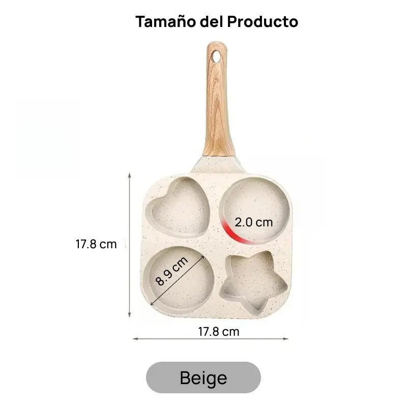 Sartén antiadherente pequeña con 4 formas de estrella, mango de madera, ideal para cocinar huevos, omelets y pancakes con limpieza rápida y sencilla