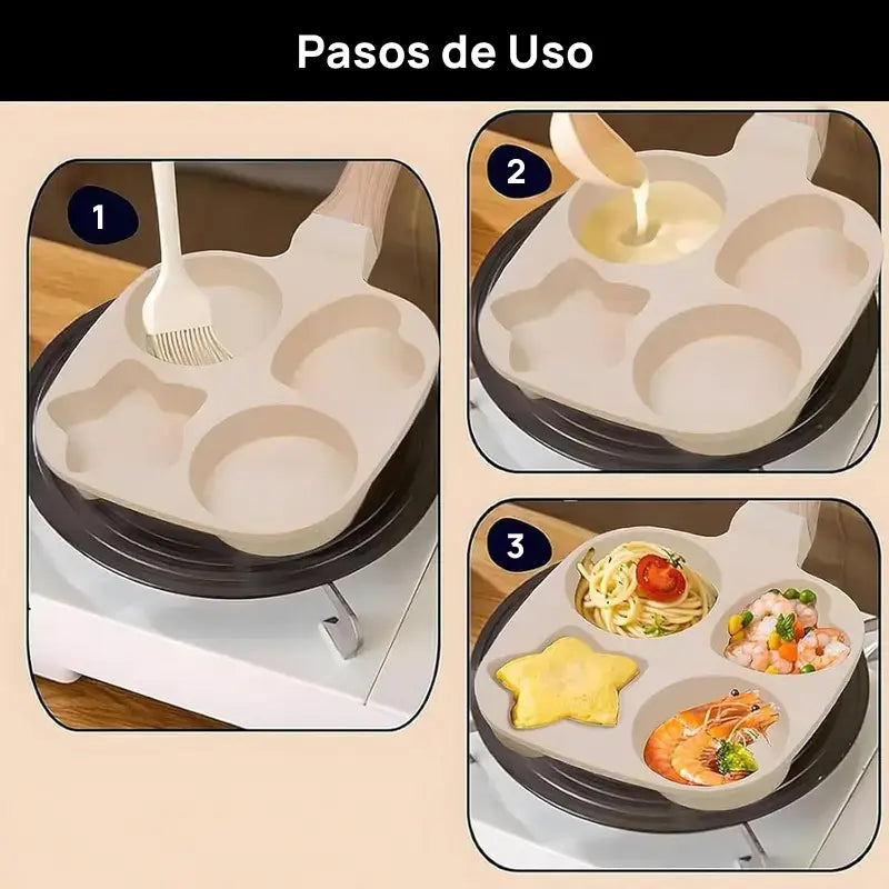 Sartén antiadherente pequeña con 4 formas de estrella, mango de madera, ideal para cocinar huevos, omelets y pancakes con limpieza rápida y sencilla
