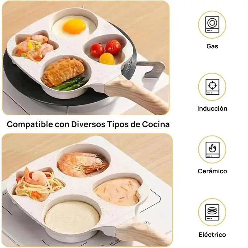 Sartén antiadherente pequeña con 4 formas de estrella, mango de madera, ideal para cocinar huevos, omelets y pancakes con limpieza rápida y sencilla