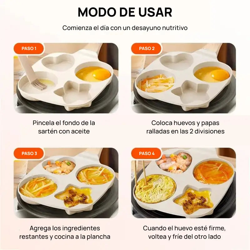 Sartén antiadherente pequeña con 4 formas de estrella, mango de madera, ideal para cocinar huevos, omelets y pancakes con limpieza rápida y sencilla