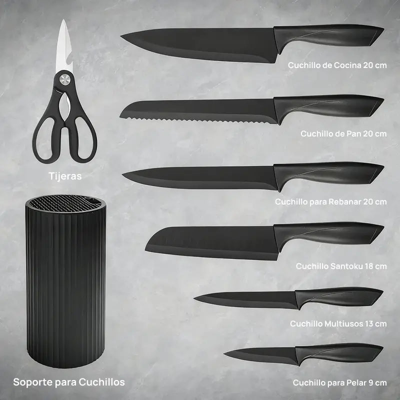 Set de 8 cuchillos de chef profesionales en acero afilado, soporte universal anti óxido, diseño ergonómico y equilibrado para cortar con precisión y comodidad