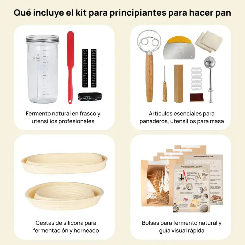 Kit premium para elaboración de pan sourdough, incluye cestos de silicón, pote, espátula, batidor y bolsas, esencial para panadería casera y horneado profesional seguro