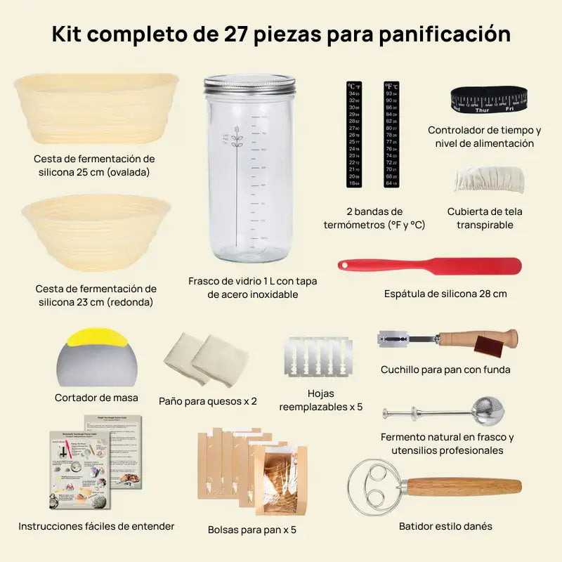Kit premium para elaboración de pan sourdough, incluye cestos de silicón, pote, espátula, batidor y bolsas, esencial para panadería casera y horneado profesional seguro