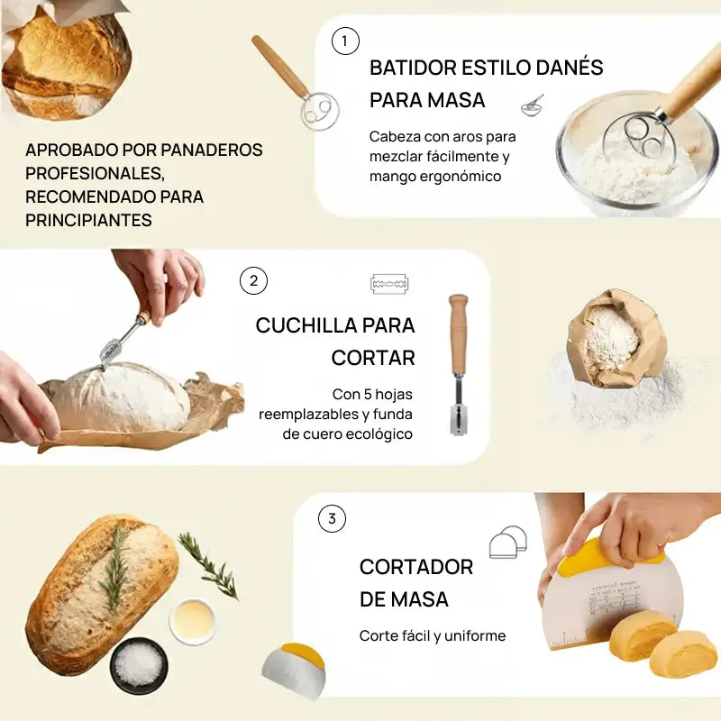 Kit premium para elaboración de pan sourdough, incluye cestos de silicón, pote, espátula, batidor y bolsas, esencial para panadería casera y horneado profesional seguro