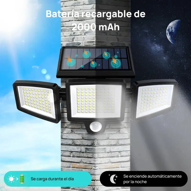 Luz de seguridad solar de 2500LM con 3 cabezas ajustables, 3 modos de iluminación, protección IP65 para jardín, eficiente y potente contra intrusos y áreas oscuras