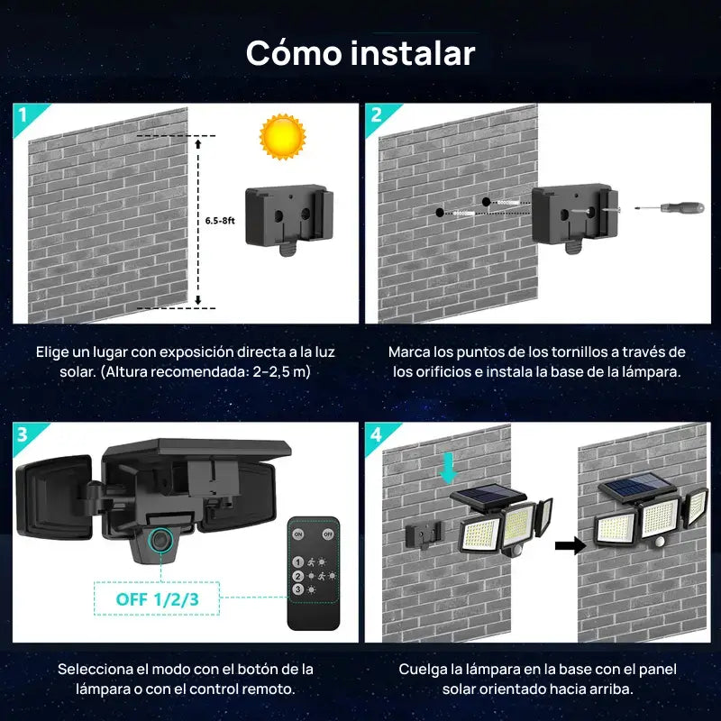 Luz de seguridad solar de 2500LM con 3 cabezas ajustables, 3 modos de iluminación, protección IP65 para jardín, eficiente y potente contra intrusos y áreas oscuras