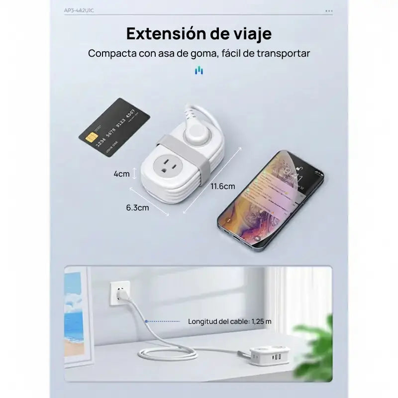 Filtro de energía compacto para viaje, con 4 tomas, 3 puertos USB incluido USB-C y cable de 1.2m, moderno, práctico y esencial para uso diario y viajes