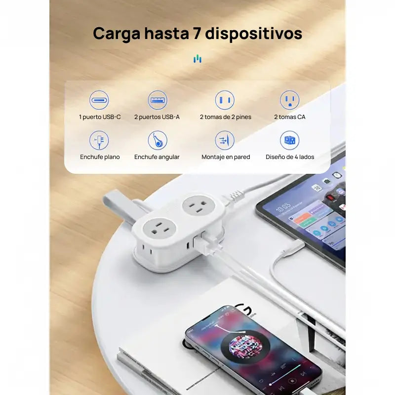 Filtro de energía compacto para viaje, con 4 tomas, 3 puertos USB incluido USB-C y cable de 1.2m, moderno, práctico y esencial para uso diario y viajes