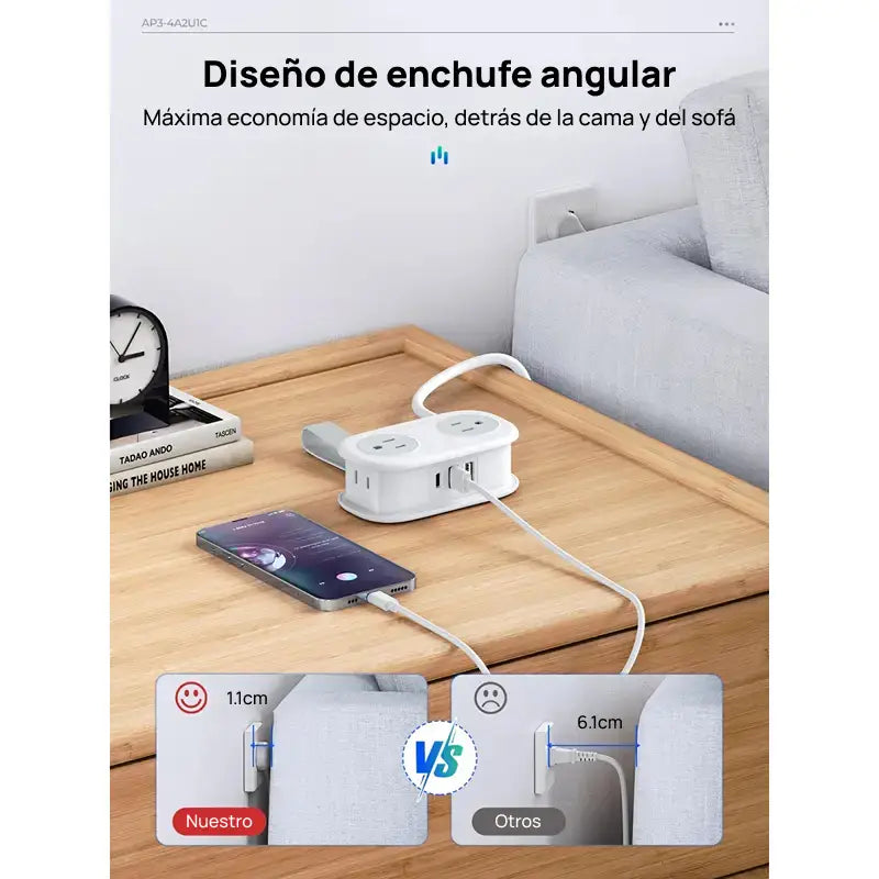 Filtro de energía compacto para viaje, con 4 tomas, 3 puertos USB incluido USB-C y cable de 1.2m, moderno, práctico y esencial para uso diario y viajes