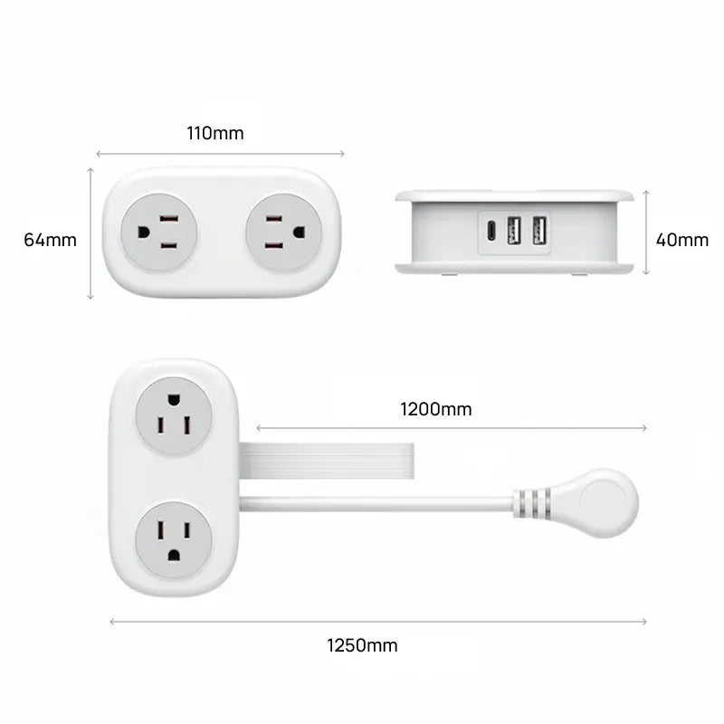 Filtro de energía compacto para viaje, con 4 tomas, 3 puertos USB incluido USB-C y cable de 1.2m, moderno, práctico y esencial para uso diario y viajes