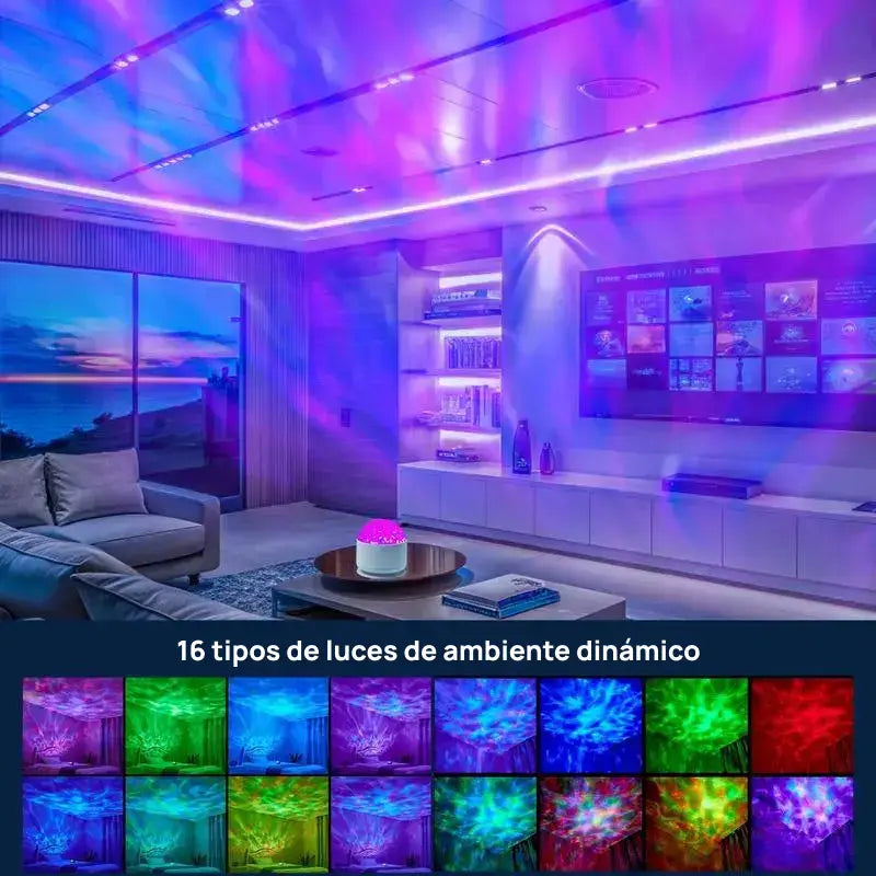 Lámpara proyectora con 2 escenas de ondas 3D y 16 colores, control remoto, crea ambiente relajante, personalizable, ideal para dormitorios, salas y decoración creativa