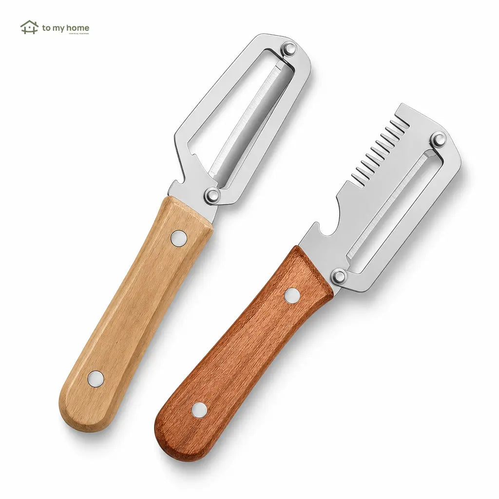 Pelador de Verduras Multifuncional Acero Inoxidable Mango de Madera y Abrebotellas Integrado Ideal para Frutas o Vegetales en Cocina de Casa (Paquete 2 Piezas)