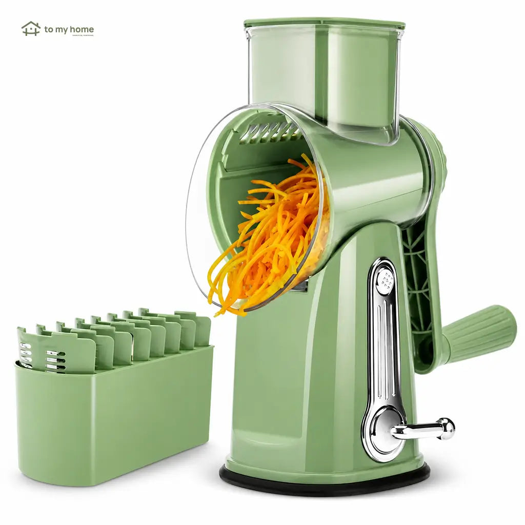 Rallador rotativo de queso con 5 cuchillas intercambiables y base de succión para verduras, frutas y cocina diaria segura en casa