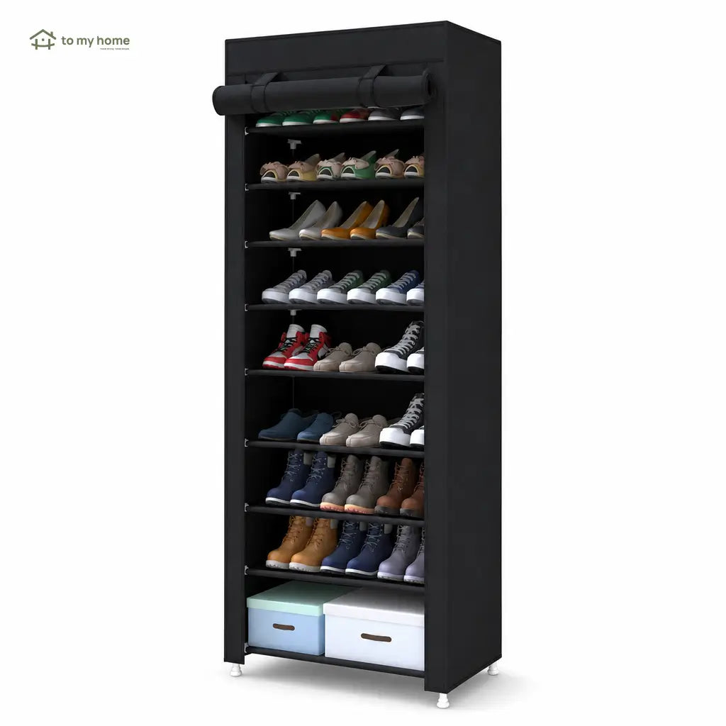 Zapatera vertical de 10 niveles con cubierta antipolvo, ajustable y compacta para organizar hasta 27 pares en casa sin ocupar mucho espacio