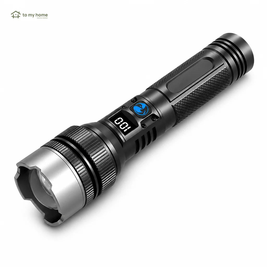 Linterna LED recargable de 2200 lúmenes con power bank, zoom ajustable, pantalla digital y resistencia al agua para camping y emergencias