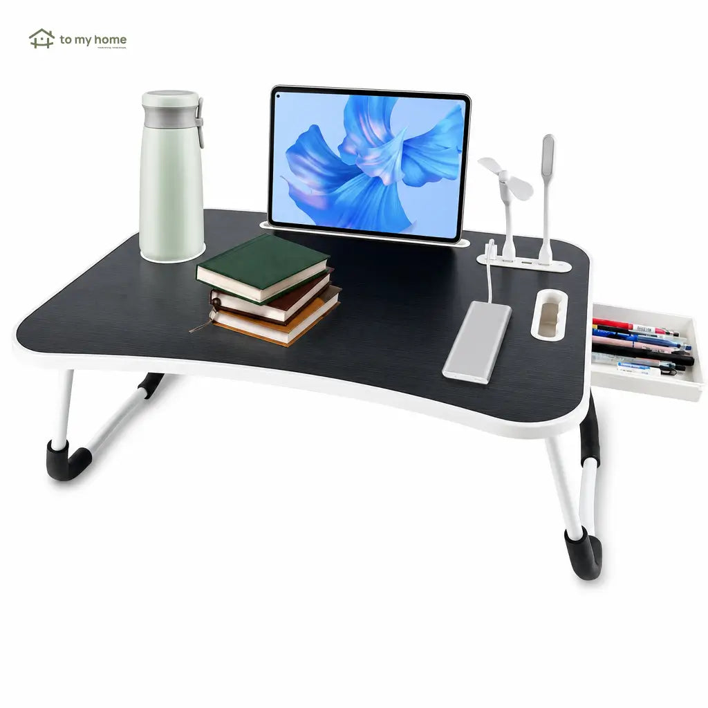 Mesa plegable para laptop con 4 puertos USB, cajón y portavasos para trabajar, leer o estudiar cómodo en cama o sofá