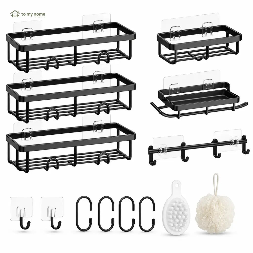 Organizador de regadera sin taladro set de 5 piezas, repisas negras antioxidantes con ganchos removibles para baño y cocina más ordenados