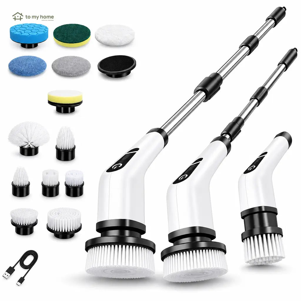 Cepillo eléctrico giratorio inalámbrico IPX7 con 9 cabezales y mango extensible para limpieza profunda de baño, cocina, azulejos y auto