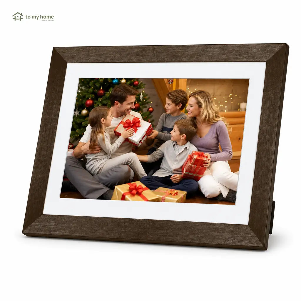 Marco digital para fotos de 10.1" con diseño decorativo de madera, memoria 32GB e instalación sencilla para casa u oficina moderna