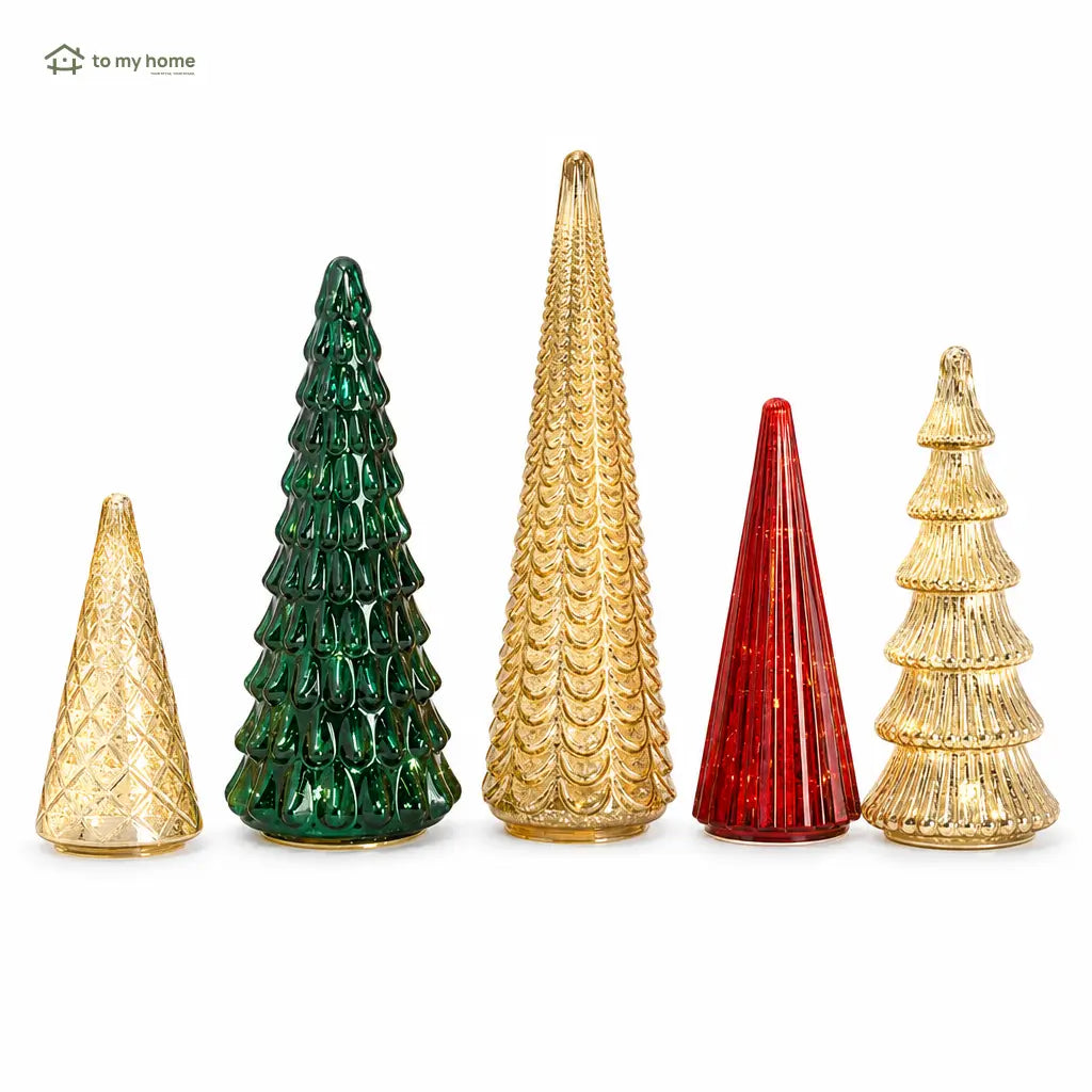 Set de 5 árboles decorativos iluminados de vidrio mercurizado con temporizador para centro de mesa navideño y repisas en tu hogar