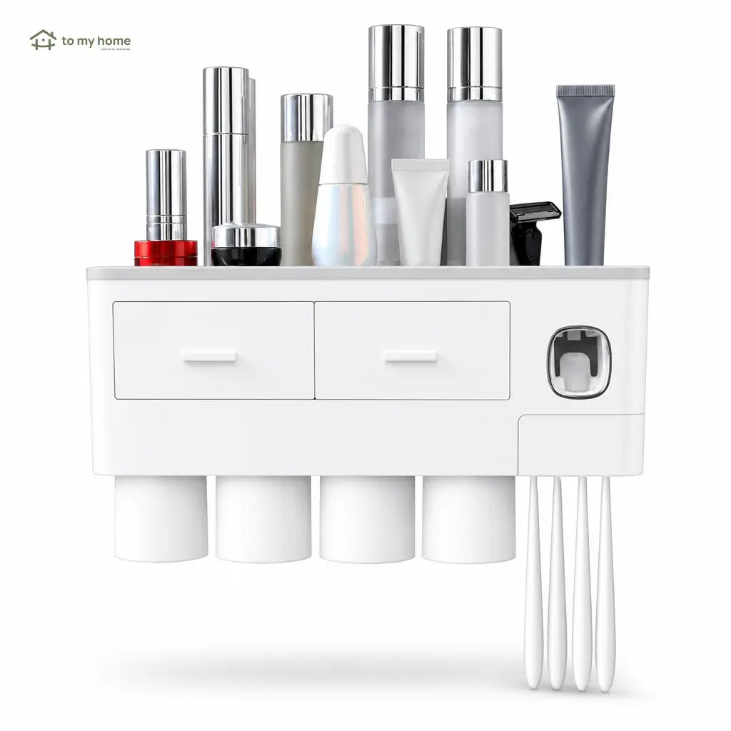 Soporte organizador para baño con dispensador automático doble, vasos invertidos y bandeja amplia para ahorrar espacio junto al lavabo cada mañana